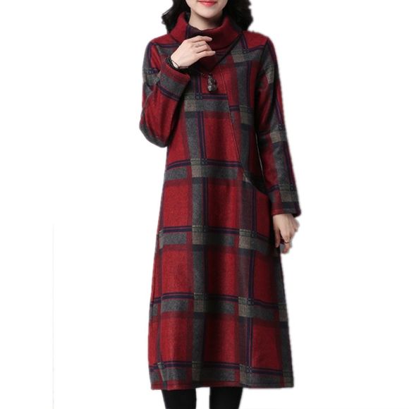 Robe femme à manches longues à col roulé et à carreaux à carreaux Robe ample - Rouge 3XL