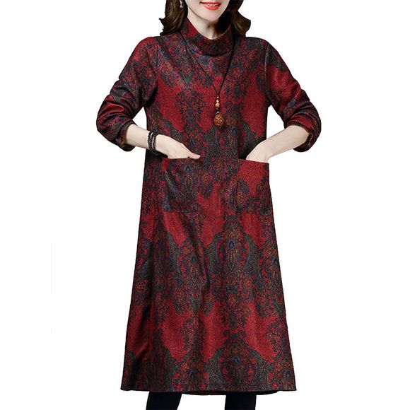 Robe imprimée en laine à col montant et manches longues - Rouge XL