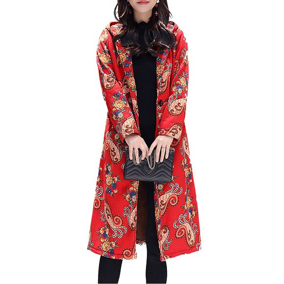 Cardigan chaud de style national dans le long manteau de coton - Rouge XL