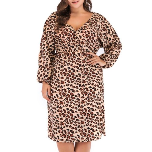 Robe imprimée léopard sexy à col en v et manches longues - Brun 3XL