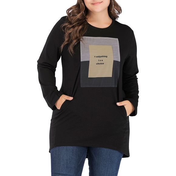 T-shirt long à col rond décontracté pour femmes, grande taille - Noir 4XL