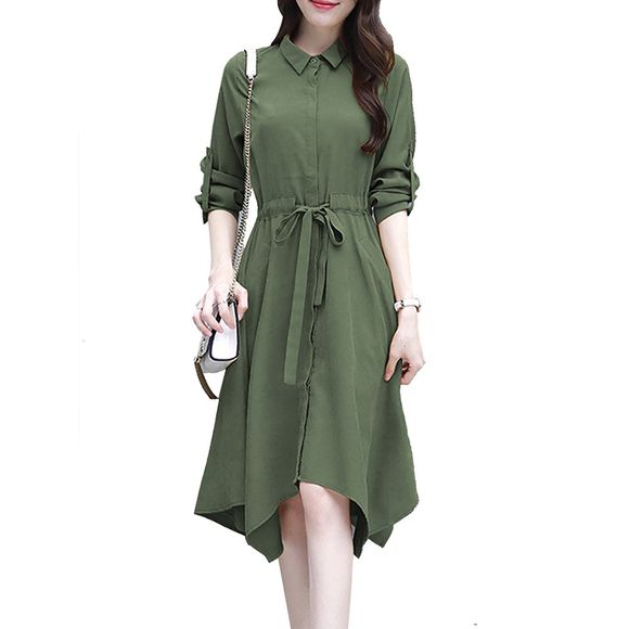 Robe pour femme A Line Dress à manches longues et poche solide - Vert Armée S