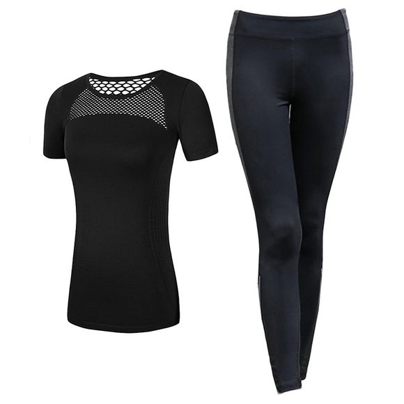 2 pcs vêtements de sport pour femmes évider t-shirt slim yoga leggings ensemble - Noir S