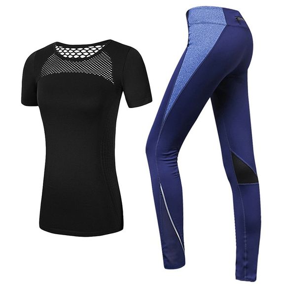 2 pcs vêtements de sport pour femmes évider t-shirt slim yoga leggings ensemble - Bleu S