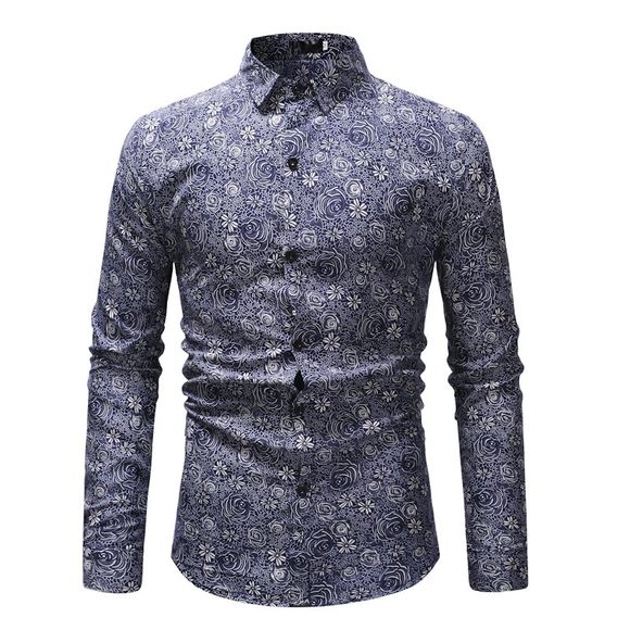 Chemise à manches longues pour hommes 2018 New Men'S Fashion Printed Lapel - Bleu L