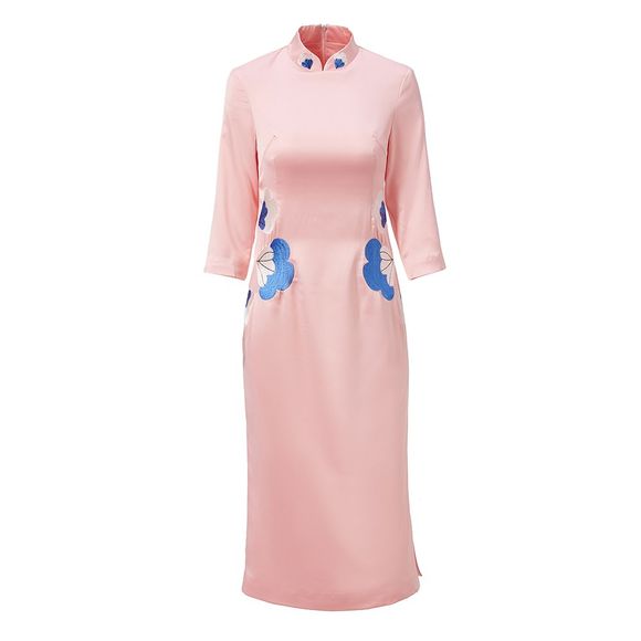 UILY 2019 nouvelle robe maigre longue Cheongsam de broderie chinoise - Rose 2XL