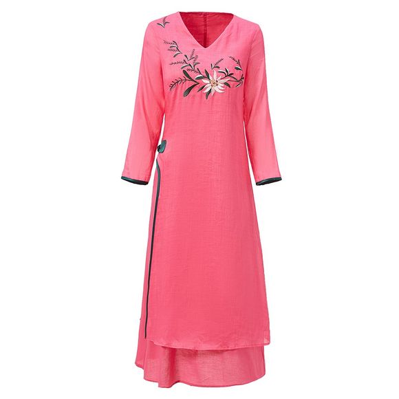 UILY 2019 nouvelle robe de style Shina Chinese National broderie fleur - Rouge Rose S