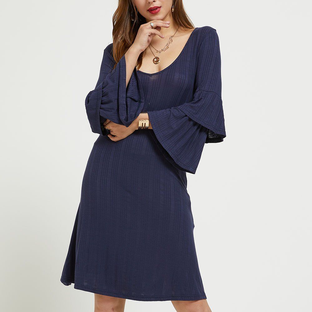 [41 OFF] 2020 SBETRO Navy Knit Dress Navy Scoopneck Ruffle Elbow