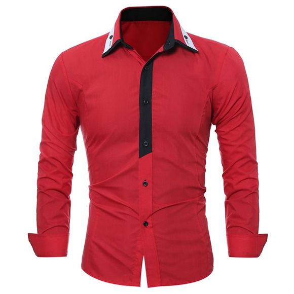Chemise Homme à la Mode Tops Manches Longues Classique Mélangé Couleurs Slim Hommes Chemises Habillées - Rouge L
