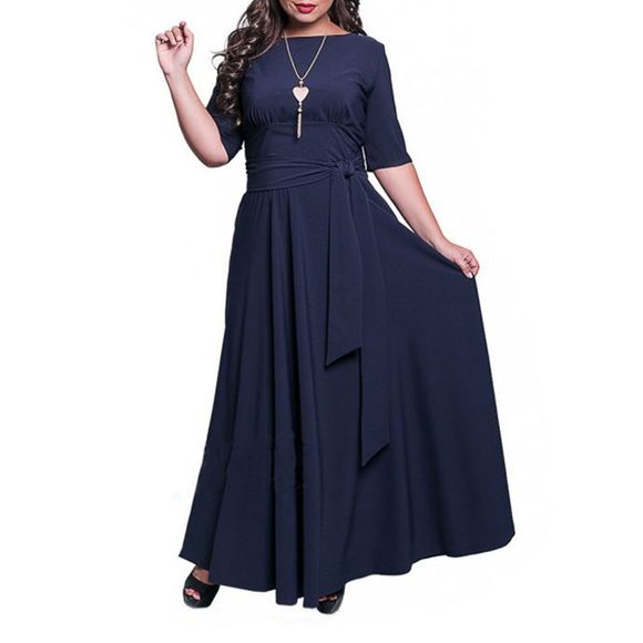 Nouvelle robe d'été de couleur unie élégante ceinture taille supplémentaire - Noir 5XL