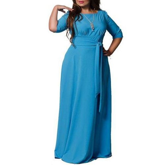 Nouvelle robe d'été de couleur unie élégante ceinture taille supplémentaire - Bleu clair 6XL