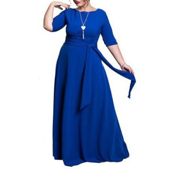 Nouvelle robe d'été de couleur unie élégante ceinture taille supplémentaire - Bleu profond 4XL