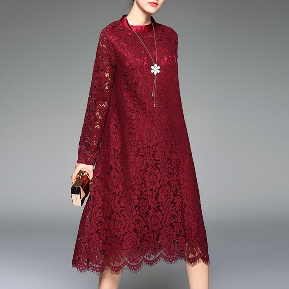 Une robe élégante en dentelle col rond - Rouge Vineux L