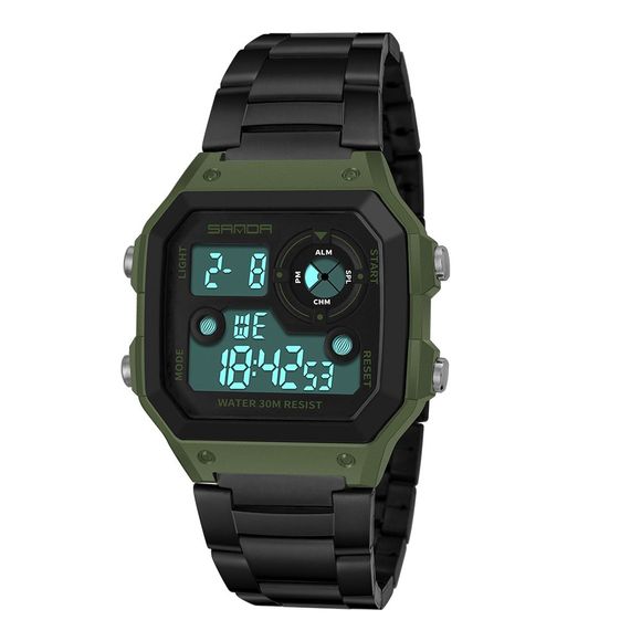 Nouveau design hommes LED multifonctions numérique montres de sport en acier inoxydable - Vert Armée 