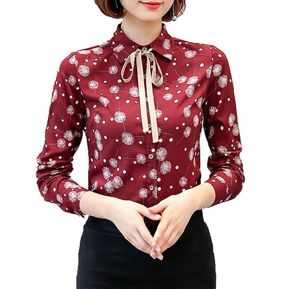 Chemise col chemise imprimé pissenlit pour femmes, plus la taille chemise à manches bouffantes en mousseline de soie - Rouge Vineux XL