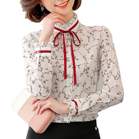 Chemise à manches longues en mousseline de soie avec col montant et motif floral imprimé floral - Blanc M