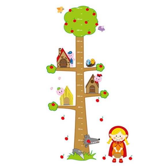 Grand autocollant de mur de mesure de taille d'arbre et d'oiseau de dessin animé pour la croissance de chambres d'enfants - multicolor A 24 X 36 INCH
