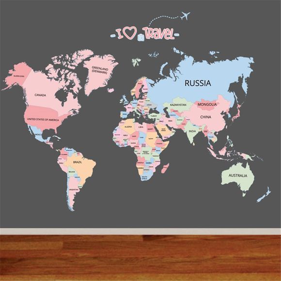 J'aime Voyage Carte Du Monde Salon Fond D'écran Amovible - multicolor A 