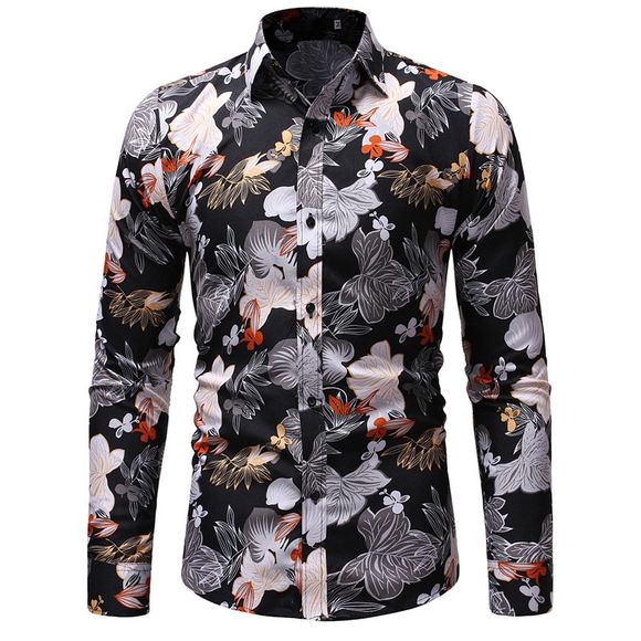 Impression numérique couleur de fleurs pour les chemises à manches longues pour hommes - Noir 3XL