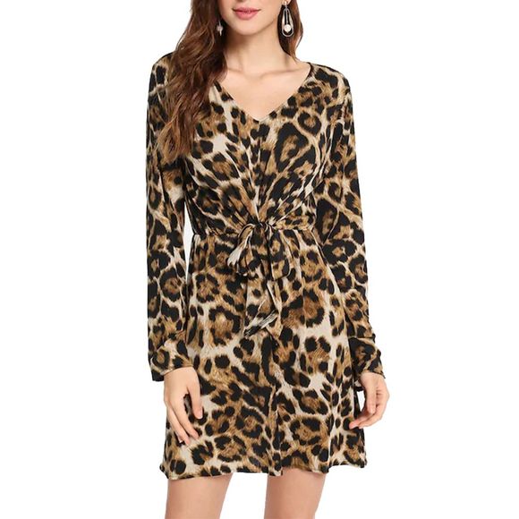 Robe imprimée léopard à manches longues et dos noué pour femmes - Léopard M
