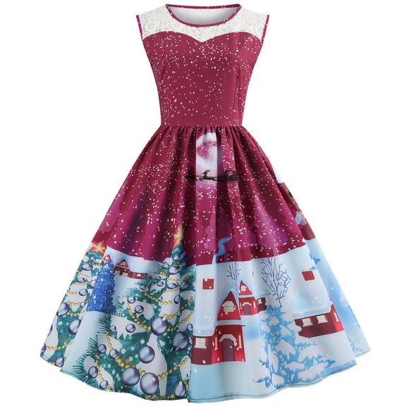 5187Hepburn Style Robe de couture sans manches à imprimé de Noël - Rose Brun S