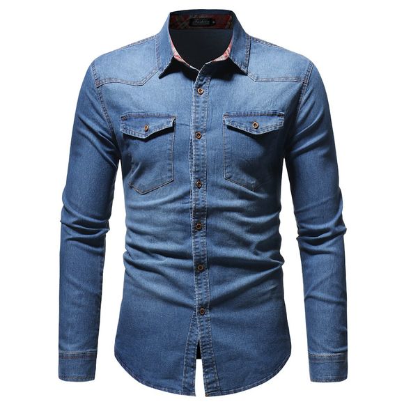 Nouveau Chemise à manches longues en denim à carreaux pour garçons de sport et de culturisme - Bleu XL