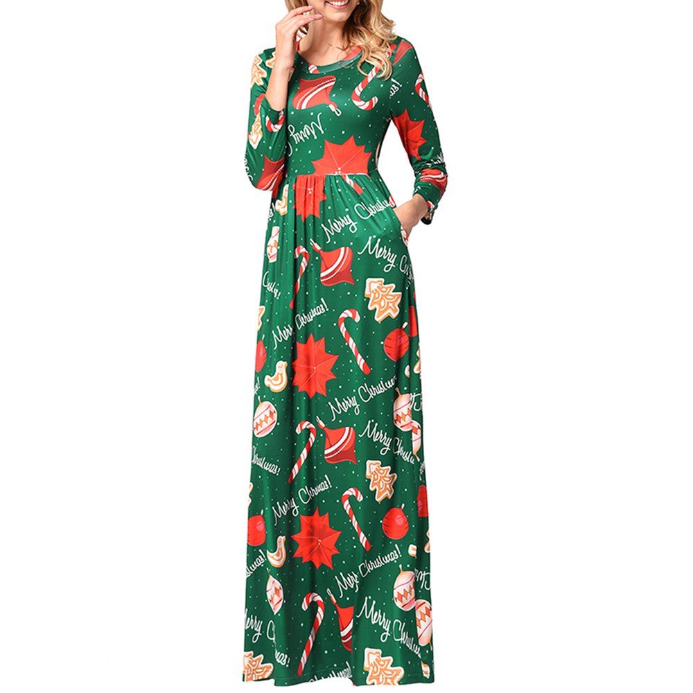 

Christmas Cartoon Snowflake Santa Print Long Sleeve Dress, Multi-i