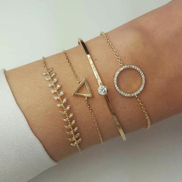 Ensemble de 4 pièces pour femmes avec bracelet à géométrie géométrique en forme de feuille de diamant - Or 1 SET