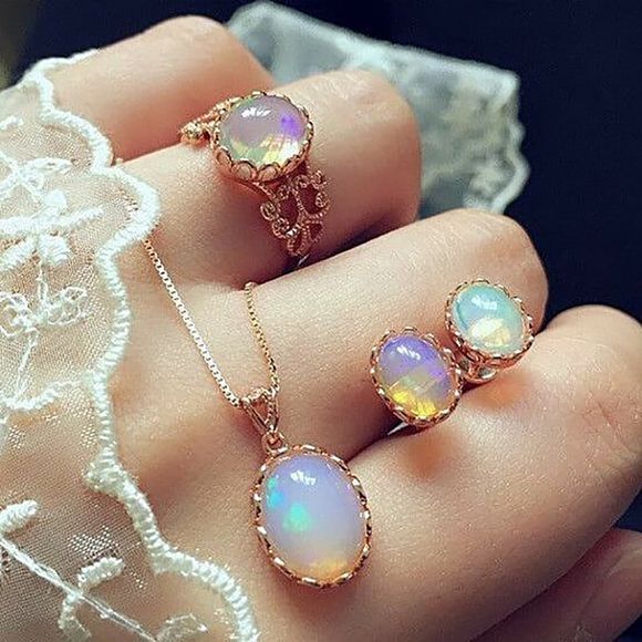 Vintage bijoux opale ensembles pour femme pendentif colliers boucles d'oreilles goutte d'eau anneau - Or 