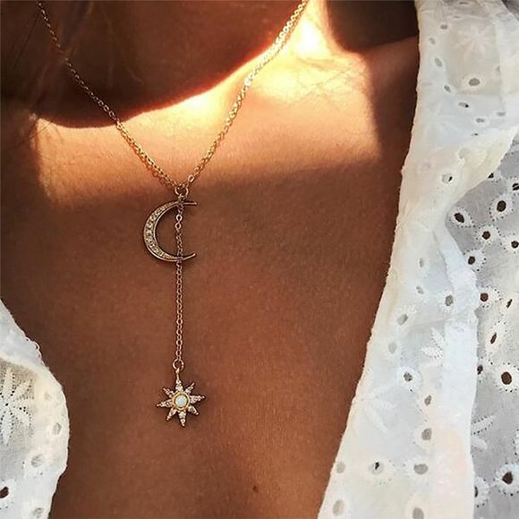 Pendentif Étoile Lune Alliage + Chaîne de Clavicule Diamant Imitation - Or 1PC