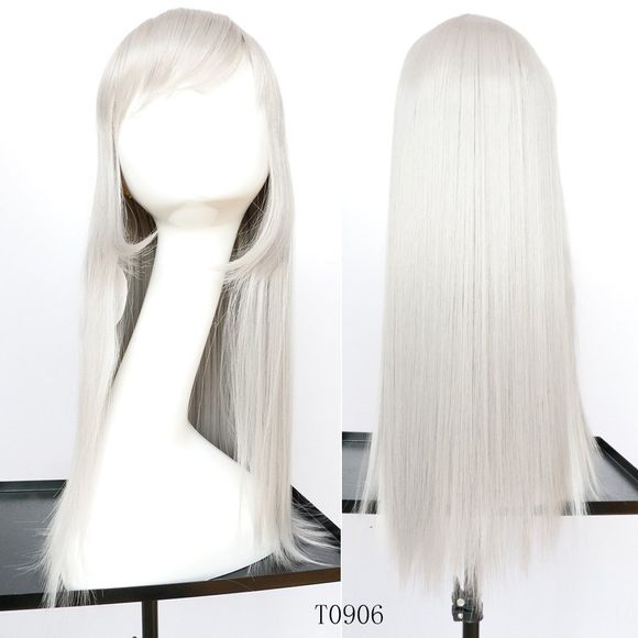 Perruque synthétique 60CM avec cheveux longs raides et blanc grisâtre - 001 