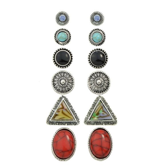 6 paires / par lot de boucles d'oreilles rondes en alliage d'argent antique avec turquoises - multicolor A 