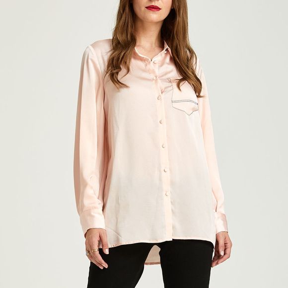 SBETRO Office Lady Top Shirt à poche simple boutonnage couleur unie - Rose L