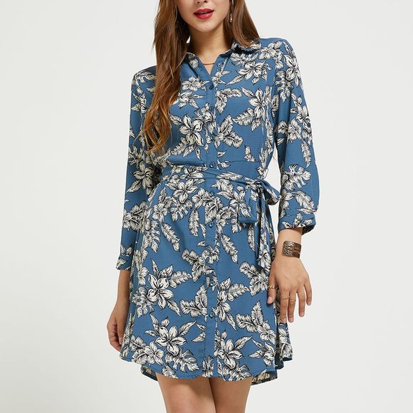 SBETRO - Robe chemise à fleurs avec lien à la taille et manches 3/4 - Casual - Bleu Koi M