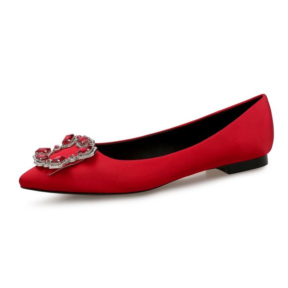 Pointu fond plat strass satin chaussures femmes chaussures de mariage - Rouge Rubis EU 39