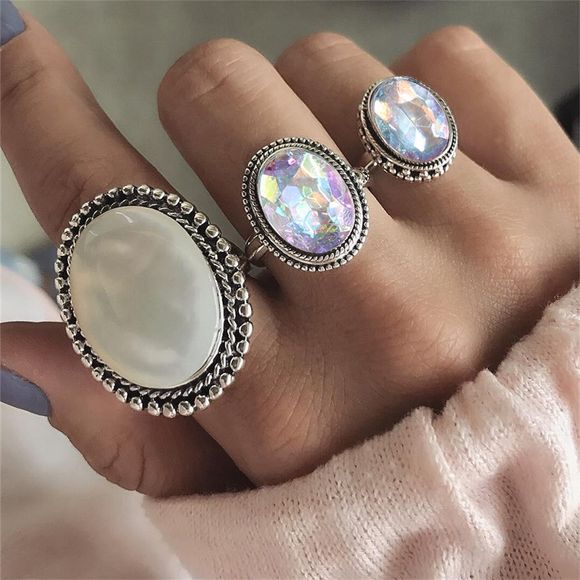 Fashion Baitao Ladies Trois anneaux de pierres précieuses colorées - Argent RING SET