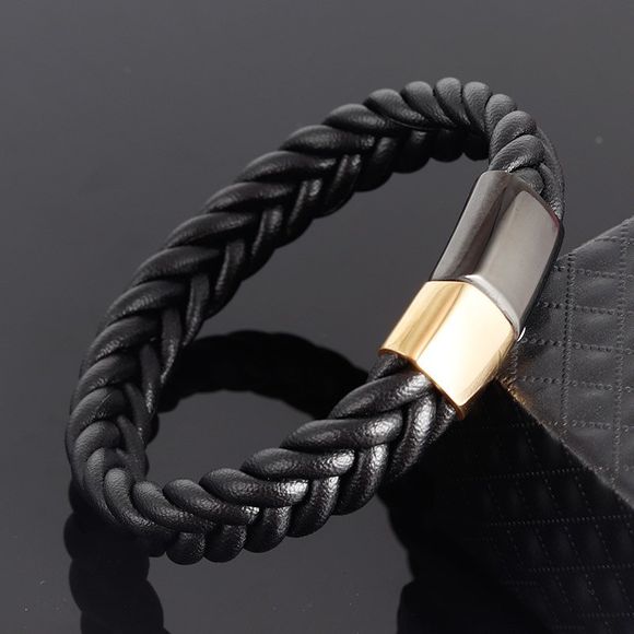 Bracelet en cuir tressé avec ceinture d'ancre de bateau et bracelet pour homme - Noir 20.5CM