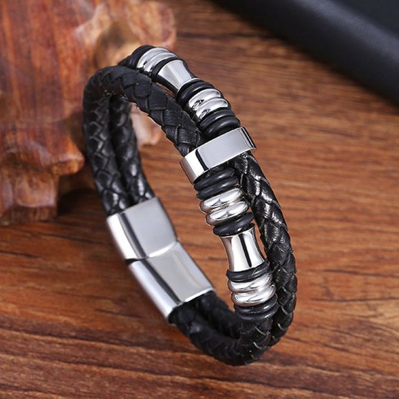 Bracelet tressé en cuir noir avec ceinture en cuir et bracelet d'ancre pour bateau - Argent 18.5CM