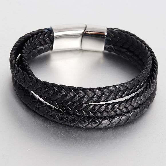 Bracelet en Cuir Noir en Acier Inoxydable pour Homme à la Mode - Noir 22CM