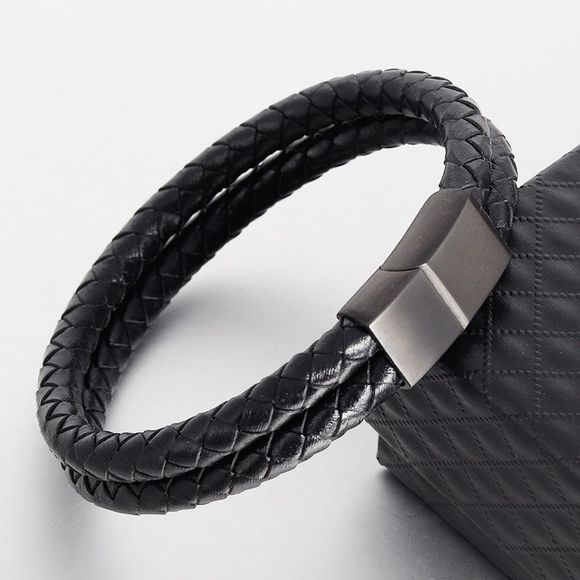 Bracelet en cuir tressé avec ancre de bateau et bracelet-bracelet - Noir 22CM