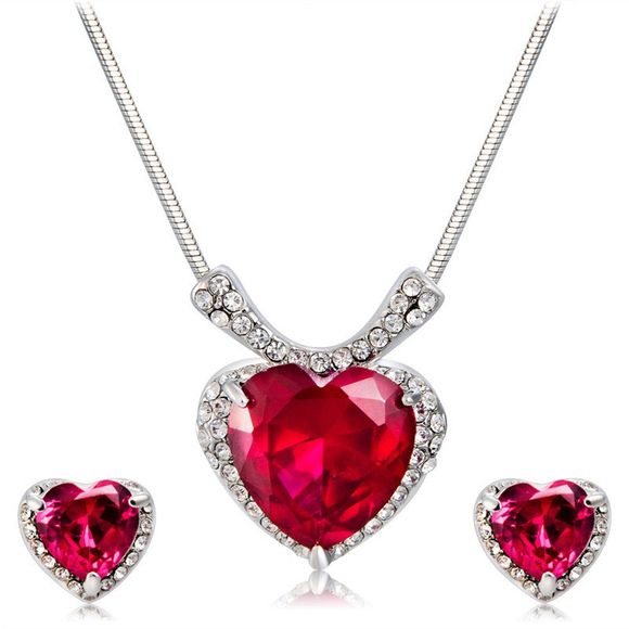 Ensemble de boucles d'oreilles avec collier en cristal rouge incrusté de zircon en forme de coeur plaqué argent - Argent 
