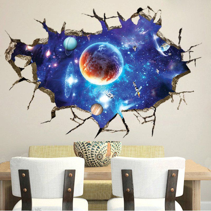 3d Broken Wall Space Planet Wall Stickers Bedroom Living Room Ceiling Decoration