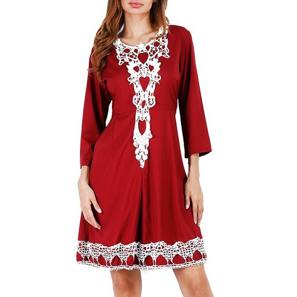 Couleur unie manches 3/4 longueur robe de soirée en dentelle taille haute - Rouge Vineux L