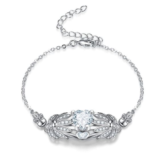 Bracelet de crâne de cristal de zircon de coeur de mode noir d'amour cadeau des femmes - Argent 