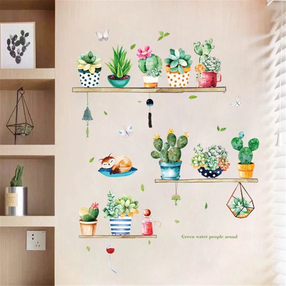 Autocollant Mural Décoratif en Papier de Cactus de Plantes en Pot Vert pour Mur de Maison - multicolor A 50*70CM