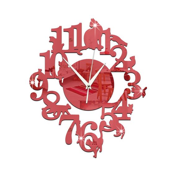GZ004 Mur de chat acrylique horloge murale horloge murale salle d'étude autocollant mural - Rouge 
