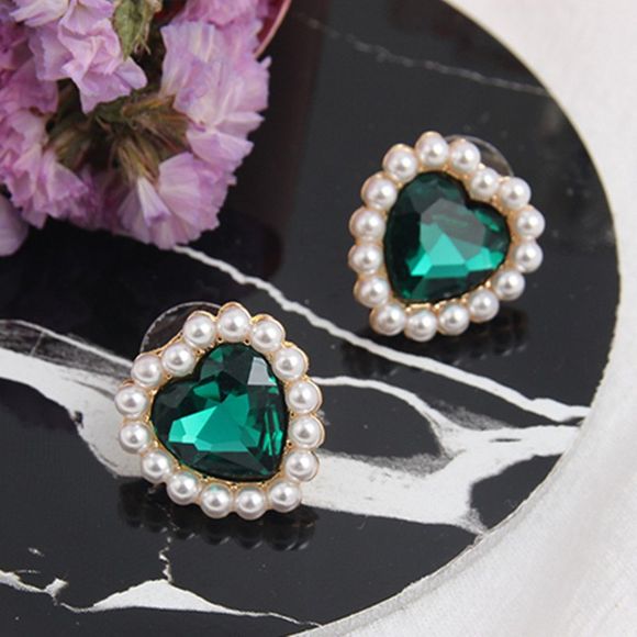 Boucles d'oreilles en cristal de perle avec diamants Dormeuses en forme de coeur - Vert profond 1 PAIR