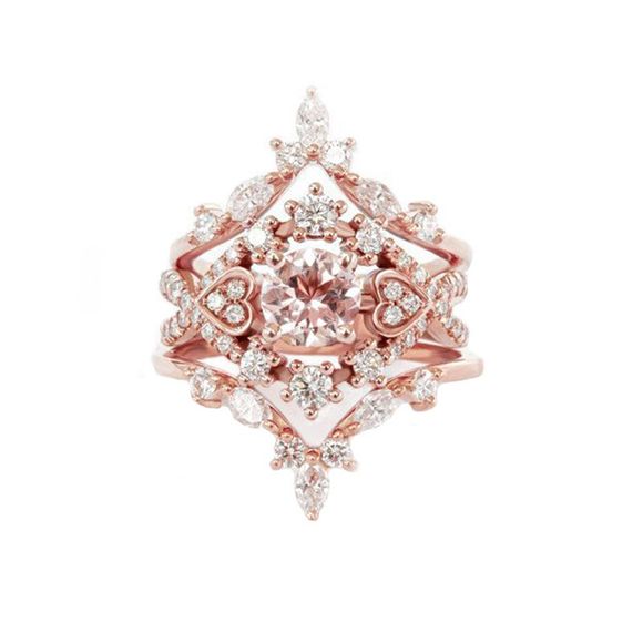 Bague de trois pièces florale ajourée à la mode avec diamants artificiels - Or de Rose US 10