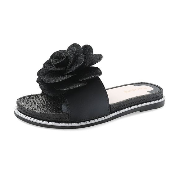Mode non glissante de fond plat portant des pantoufles de fleurs - Noir EU 39