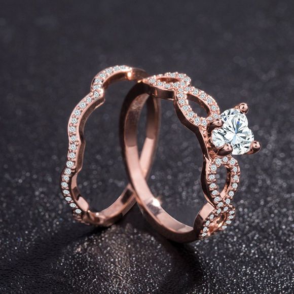 La mode exquise 18K Rose Heart Heart Diamond CZ Ring Set Alliances Mariage - Or de Rose US 10